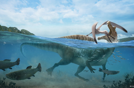Reconstrução do dinossauro estudado em seu habitat (Arte: Júlio Lacerda)