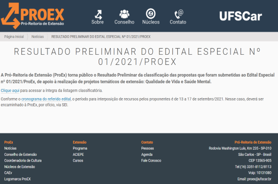 Edital e resultado preliminar estão no site da ProEx (Imagem: Reprodução)