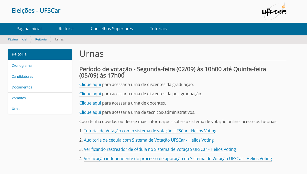 Na UFSCar, a votação acontece pelo sistema Helios Voting (Imagem: print de tela)